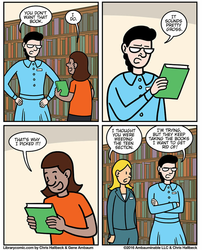 Comic depicting library staff discussing books in a humorous scene illustrating work life in a library setting.