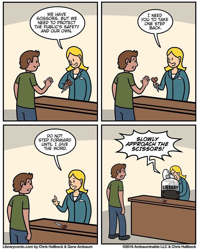 Library comic shows humorous interaction with librarian carefully handing over scissors while ensuring safety at the library counter.