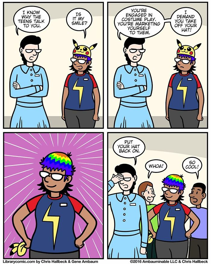 Library comic shows two staff debating a cosplay hat, highlighting humor in what it’s like to work at a library.
