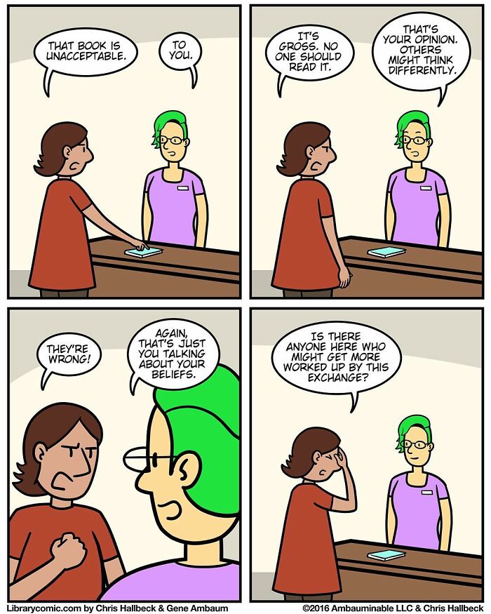 Two people debating over a book at a library counter in a comedic library comic about working at a library.