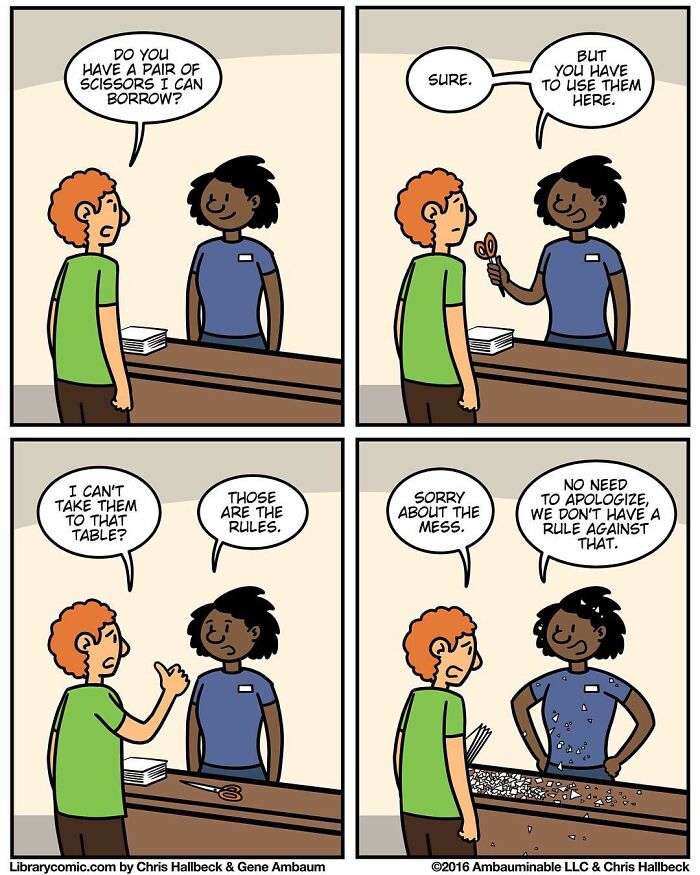 Library comic panel showing a humorous interaction between a librarian and a patron about borrowing scissors at the library counter.