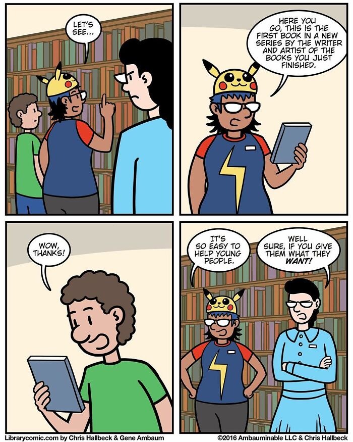 Library comic panels showing characters discussing helping young people and books in a humorous library work setting.