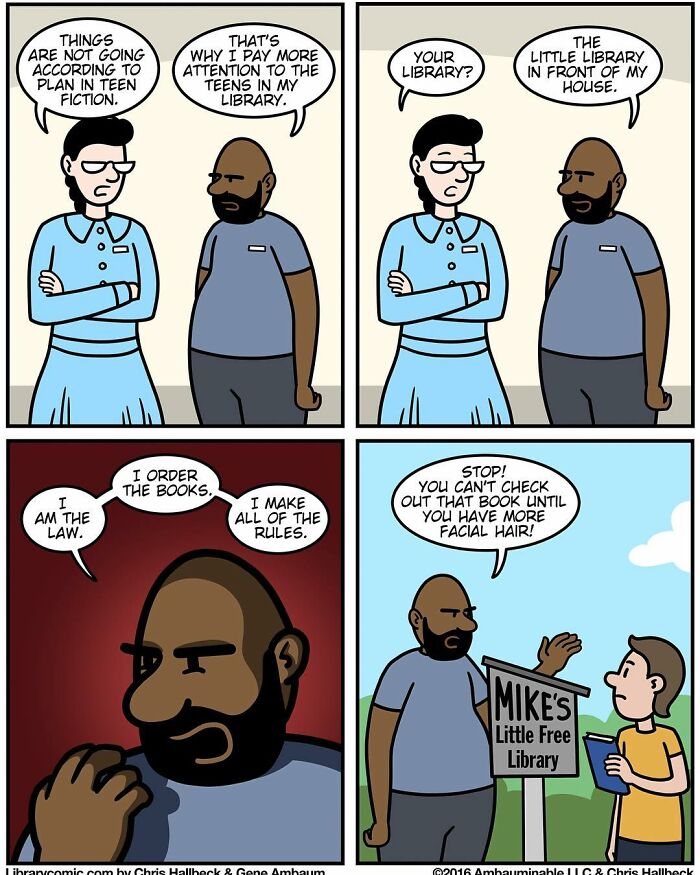Two men humorously discuss managing teens and rules at a little free library in a library comic about working at a library.