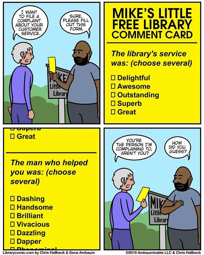 Library comic depicting a customer trying to file a complaint and a witty response about library customer service.