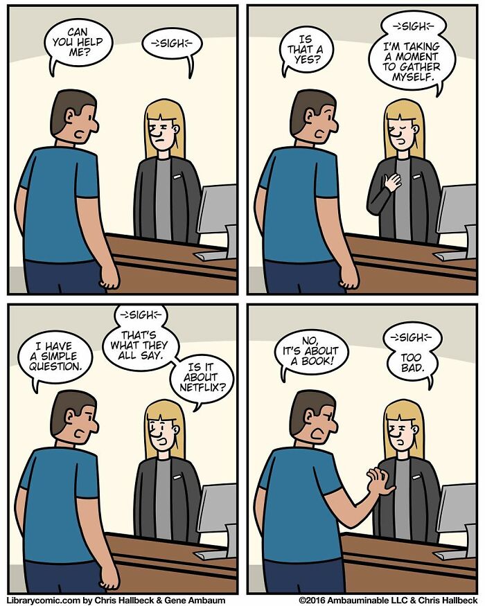 Library comic showing a librarian humorously interacting with a patron asking about books and Netflix.