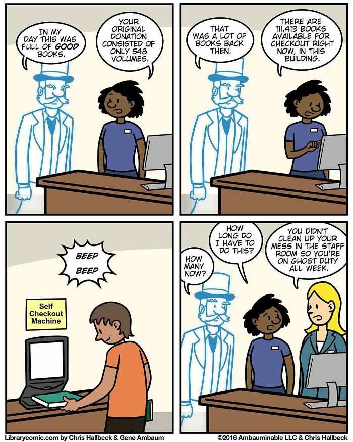Library comic shows humorous moments of library work with a ghostly figure representing past library conditions.