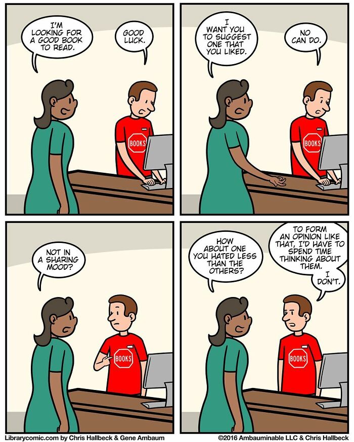 Library comic showing a frustrated librarian refusing to recommend books, capturing funny work library moments.