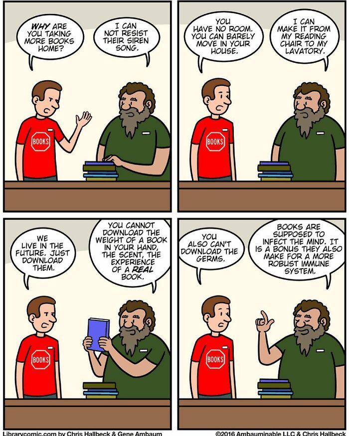 Library comic showing humorous dialogue about books, downloading versus real books, and the quirks of working in a library.