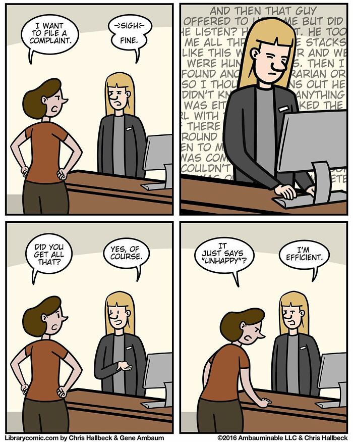 Two women at a library counter in a comic illustrating humorous interactions typical of working at a library.