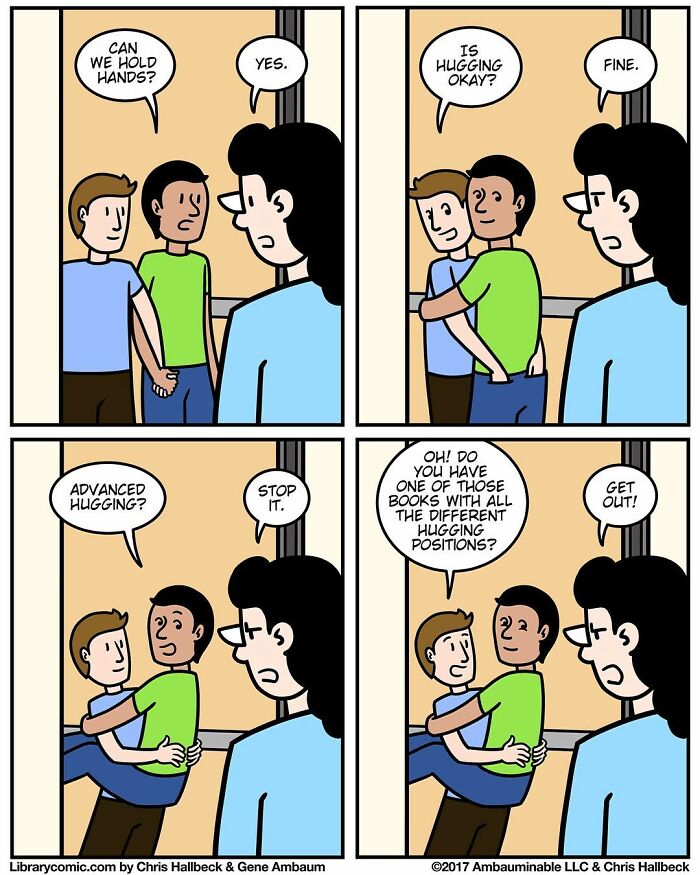Library comic panel showing humorous interactions about hugging and awkward moments working at a library.