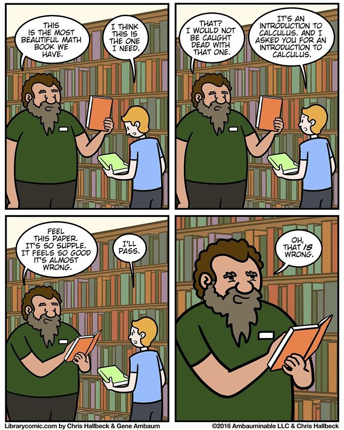 Library comic showing a humorous exchange between a librarian and a patron about choosing the right calculus book.