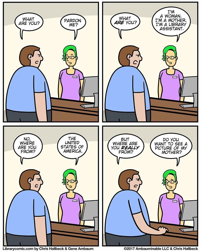 Library comic showing a conversation between a man and a library assistant with humorous misunderstandings.