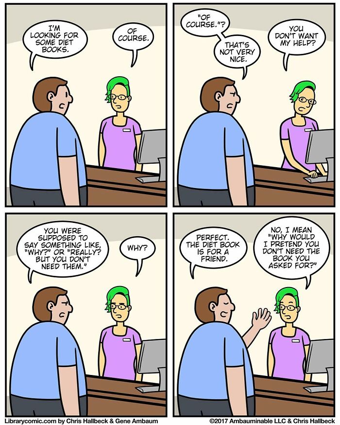 Library comic shows a humorous exchange highlighting what it’s like to work at a library with awkward customer service moments.