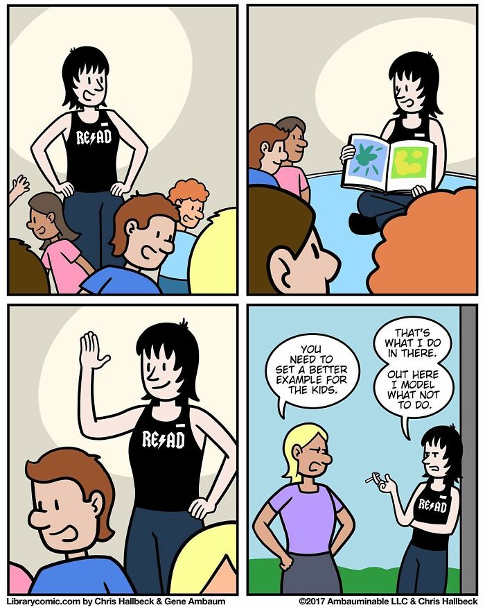 Library comic showing a librarian reading to kids, setting examples, and humorously explaining library work life.