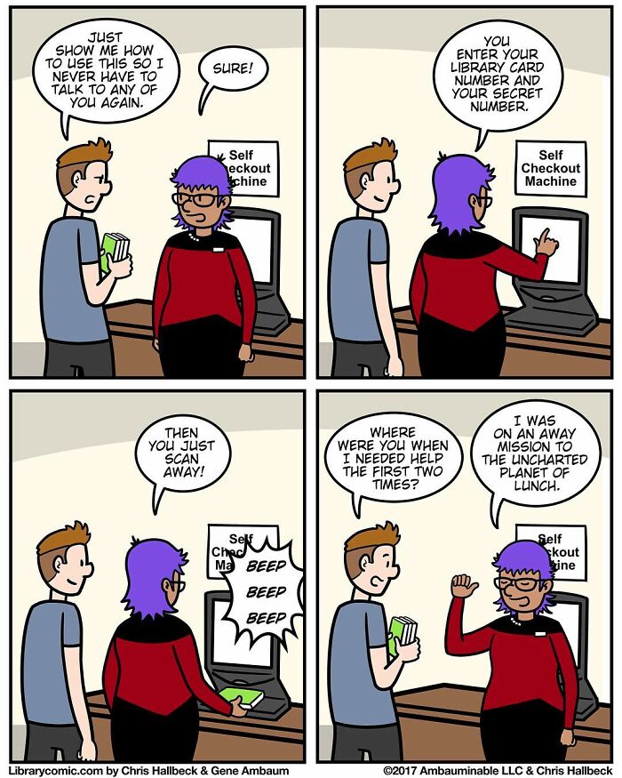 Library comic showing a librarian explaining how to use a self checkout machine to a library visitor with humor.