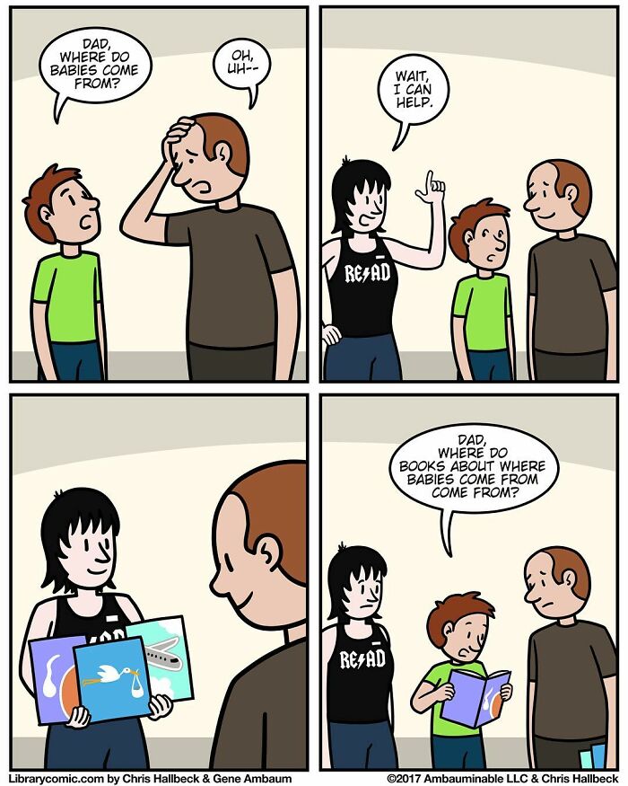 Library comic shows humorous scene of a child asking about babies with help from a librarian at work in a library.