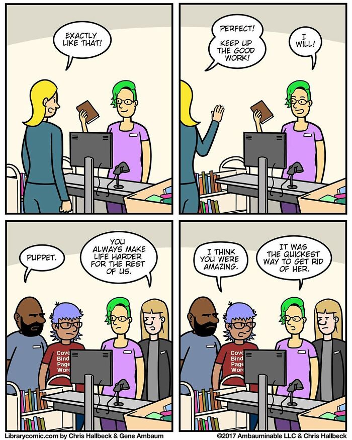 Library comic panels showing humorous staff interactions and challenges faced while working at a library checkout desk.