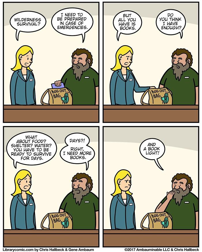 Two library workers humorously discuss preparing a bug out bag with books and a book light in a library comic.