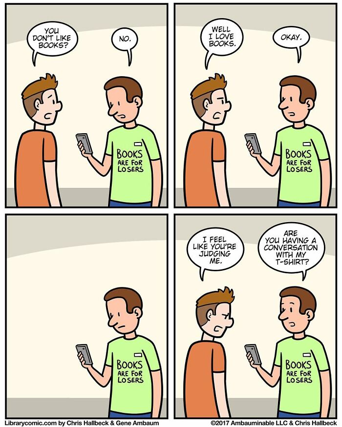 Two men in a humorous library comic, one wearing a books are for losers shirt, discussing book preferences.
