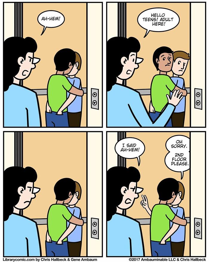Library comic shows a librarian politely interrupting teenagers misusing an elevator near the library entrance.