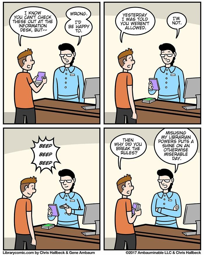 Library comic shows a librarian using their powers to enforce rules while humorously interacting with a library visitor.