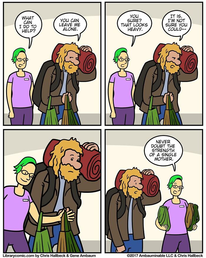 Comic scene from library comic showing a staff member helping a visitor carry heavy bags, highlighting library work humor.