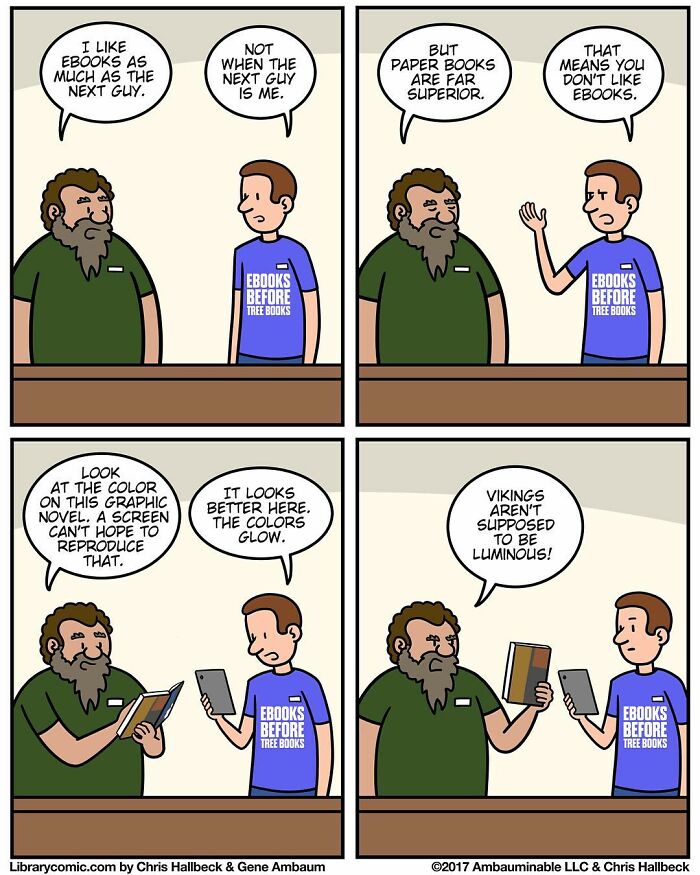 Library comic shows two workers debating ebooks vs paper books, humorously capturing what it's like to work at a library.