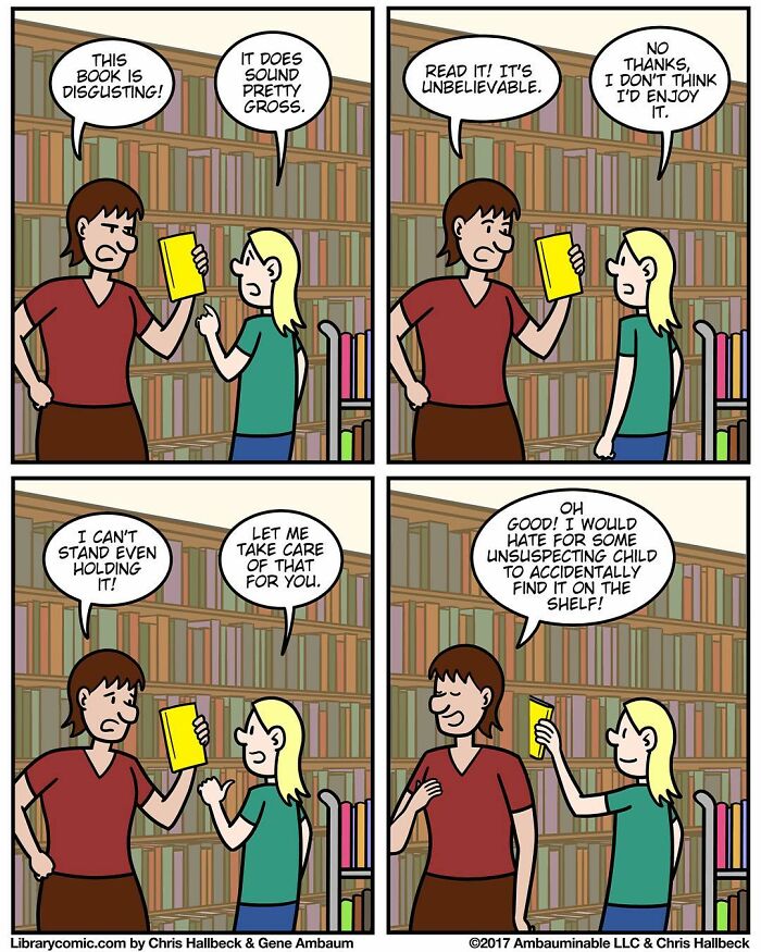 Library comic showing two characters discussing a disgusting book, humorously depicting what it's like to work at a library.