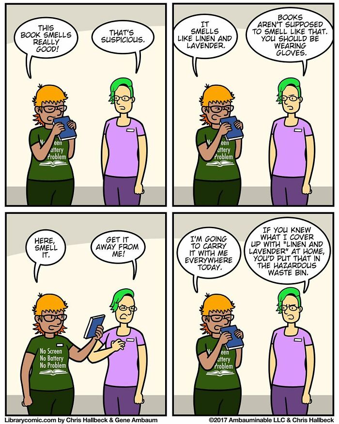 Two cartoon library workers discuss a book's unusual smell, humorously depicting life working at a library.