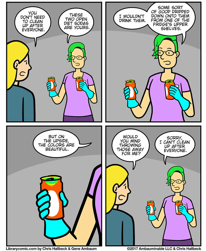 Library comic showing a conversation about cleaning and handling diet soda cans at work in a library.