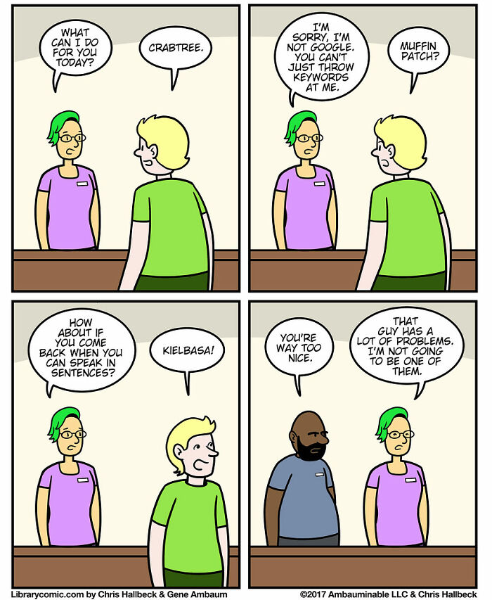 Library comic showing humorous interaction between a librarian and a confused patron using random keywords.