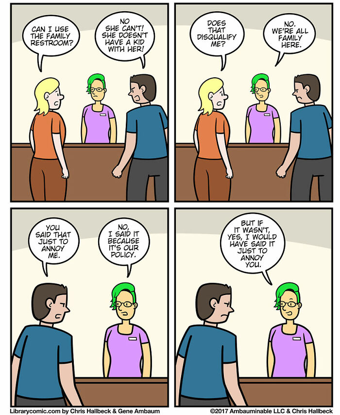 Library comic shows humorous interaction at library desk about restroom use and policy enforcement.