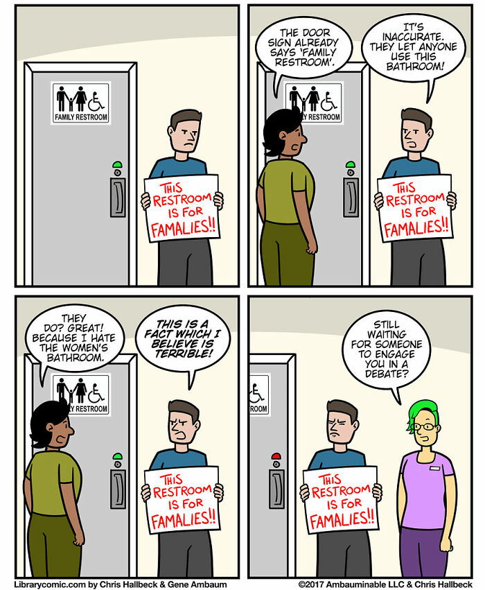 Library comic scene showing a man holding a restroom sign, humorously depicting what it’s like to work at a library.