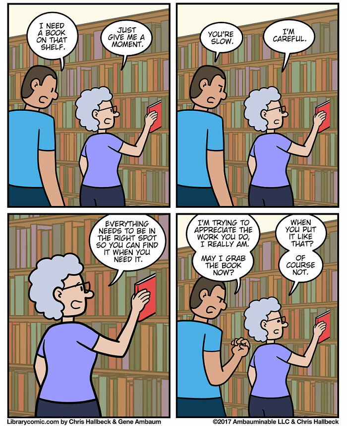 Library comic showing a humorous interaction between a librarian and a patron about finding a book on a crowded shelf.