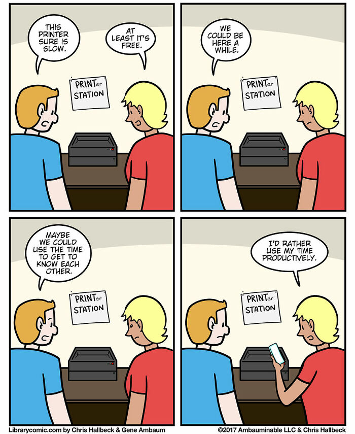 Comic showing two people at a slow printer station, humorously depicting what it’s like to work at a library.