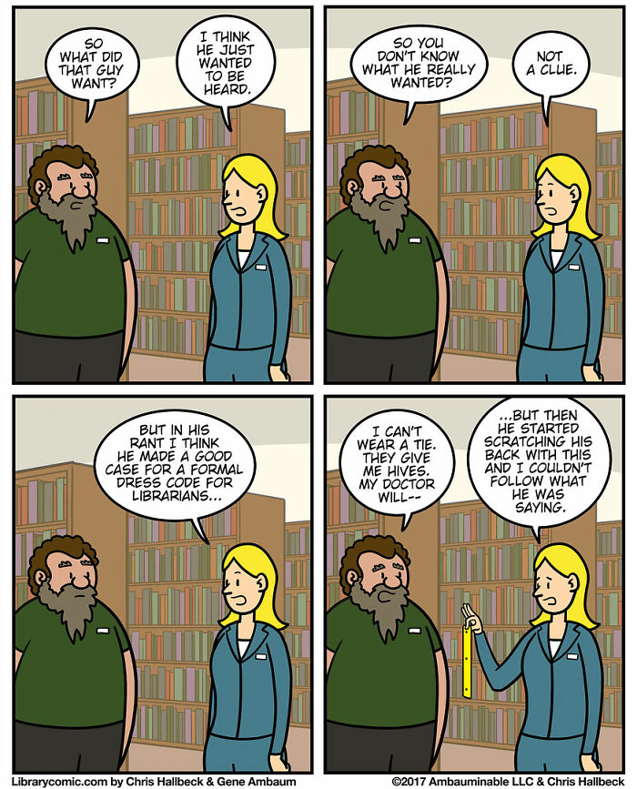 Two librarians in a comic strip humorously discussing library work and dress code among bookshelves.