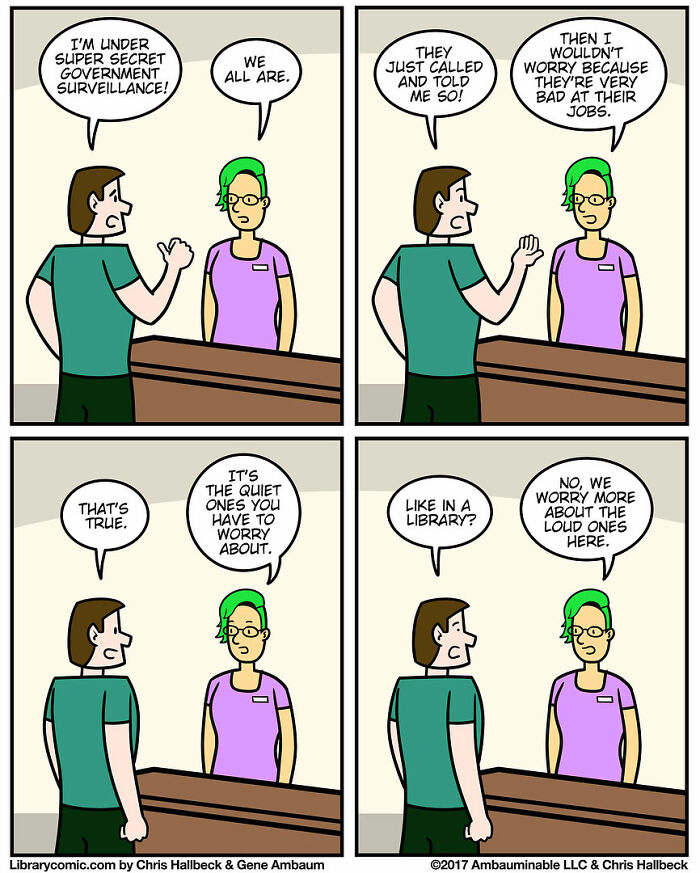 Two library workers humorously discuss surveillance and noisy patrons in a library comic about working at a library.