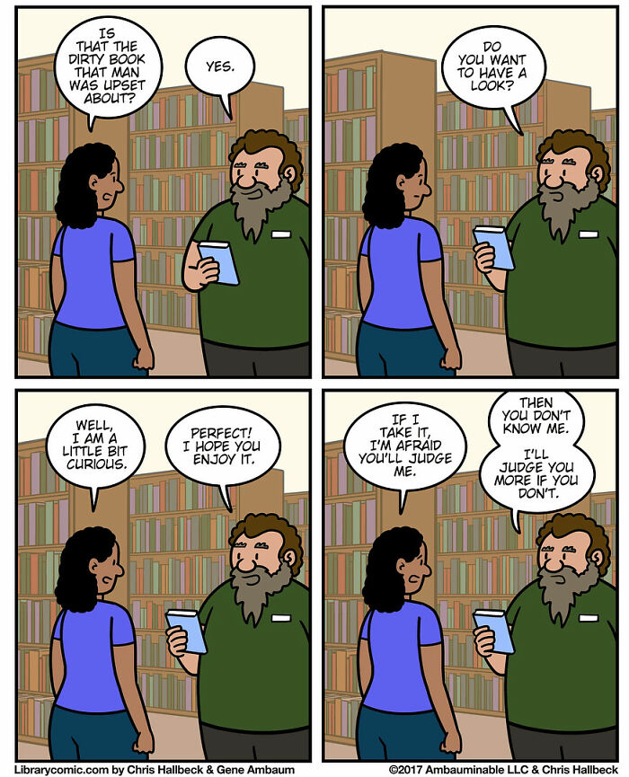 Library comic shows two characters humorously discussing a controversial book amid rows of library shelves.