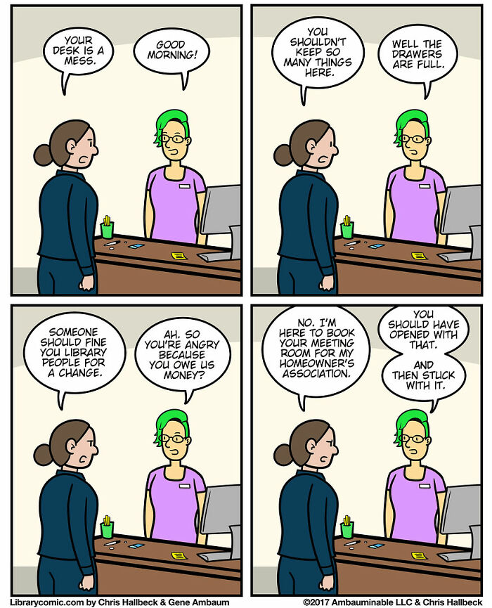 Library comic panel showing a humorous conversation between a librarian and a visitor at the service desk.