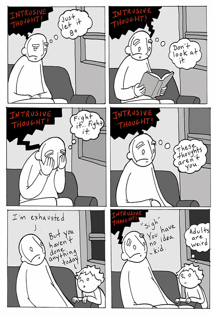 Lunarbaboon comic panels showing intrusive thoughts and kindness making a difference between adult and child.
