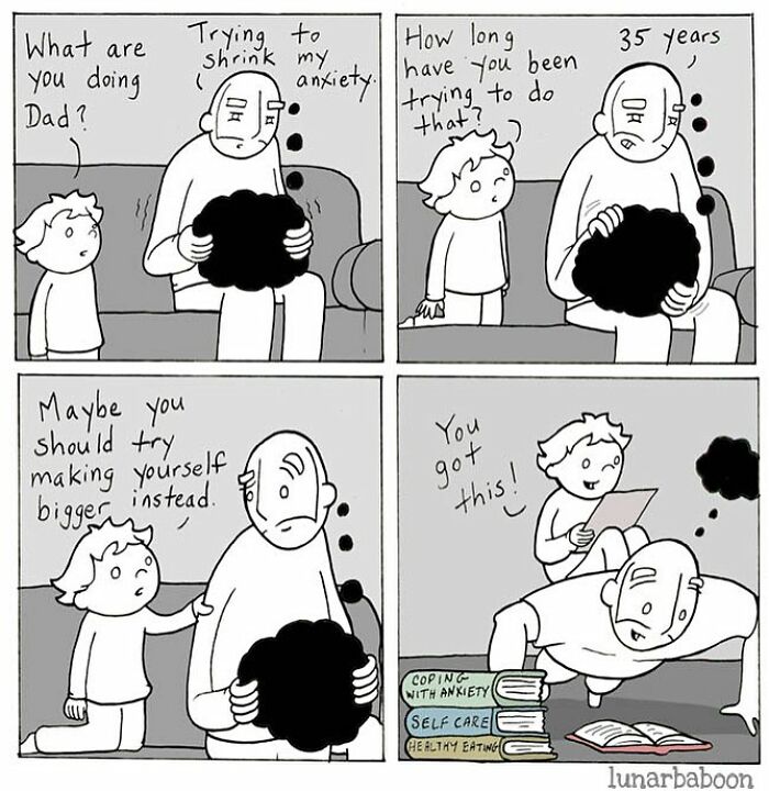 Lunarbaboon comic showing kindness helping to cope with anxiety through support and self-care advice.