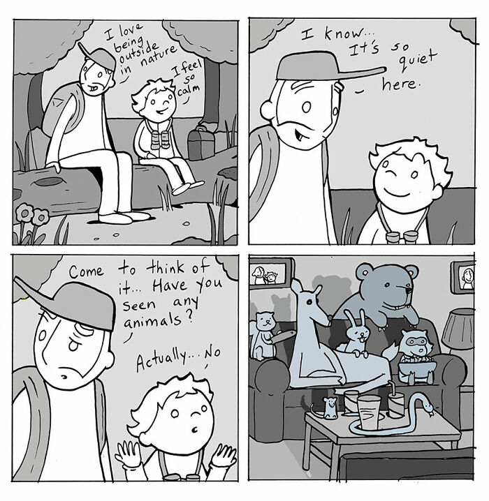 Lunarbaboon comic showing characters appreciating nature and kindness through a quiet moment outdoors together.
