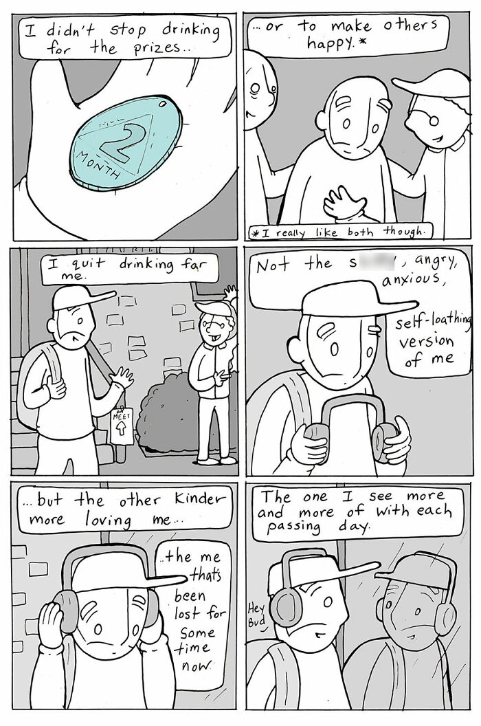Comic panels showing a man reflecting on kindness, self-acceptance, and personal change through Lunarbaboon's illustrated story.