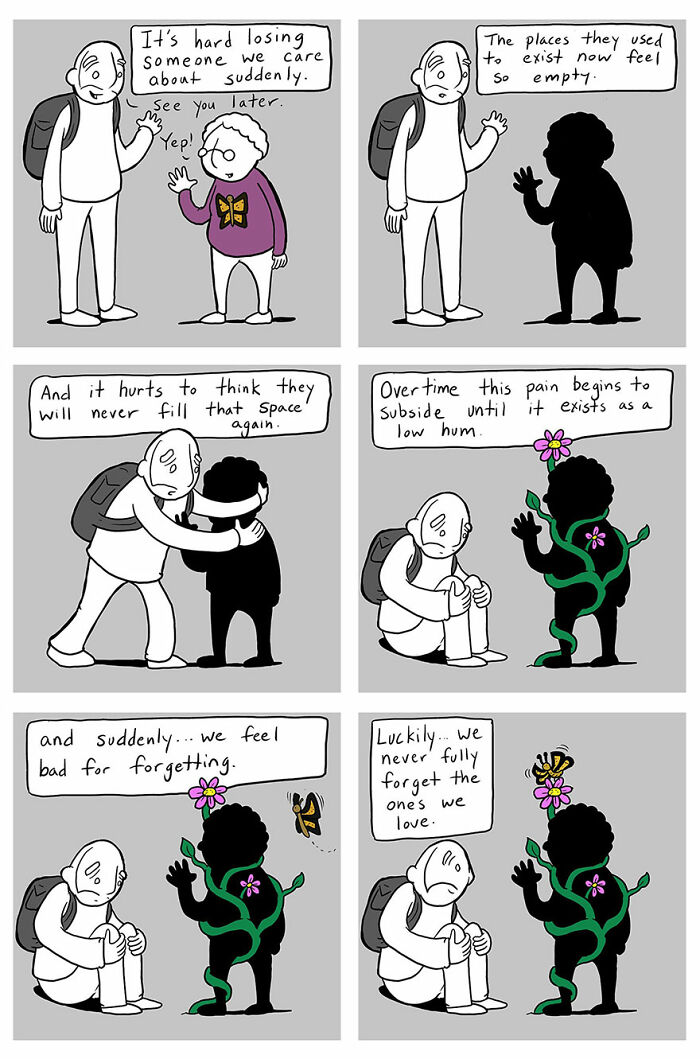 Lunarbaboon comic panels showing kindness and grief as a person comforts a shadowed figure with flowers growing.
