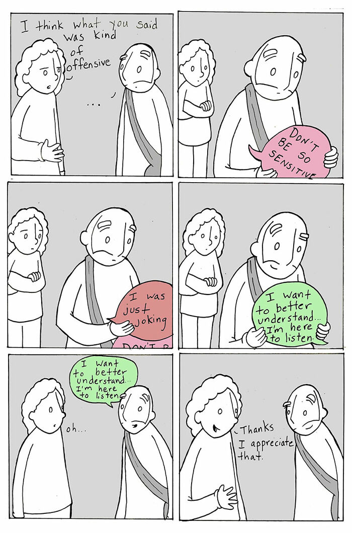 Two characters in a Lunarbaboon comic showing kindness and understanding through a heartfelt conversation.