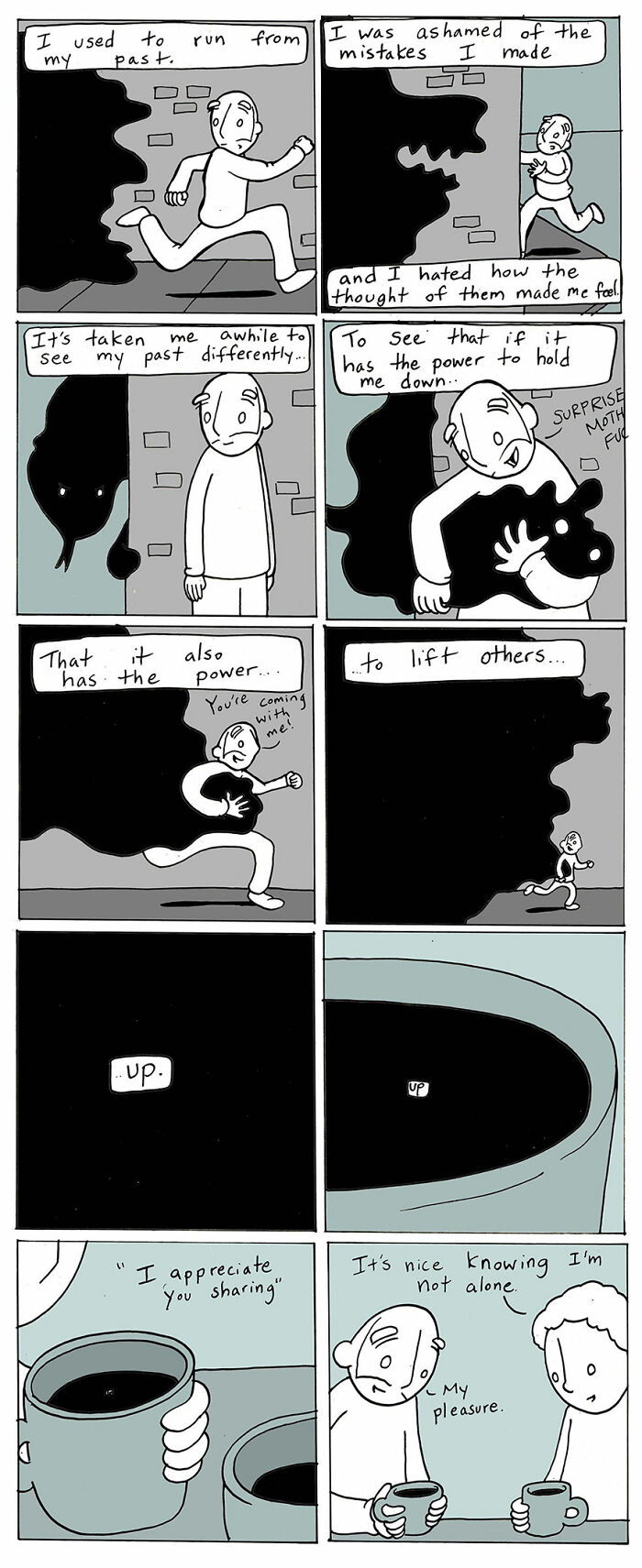 Lunarbaboon comic depicting kindness transforming past regrets into support and connection with others.