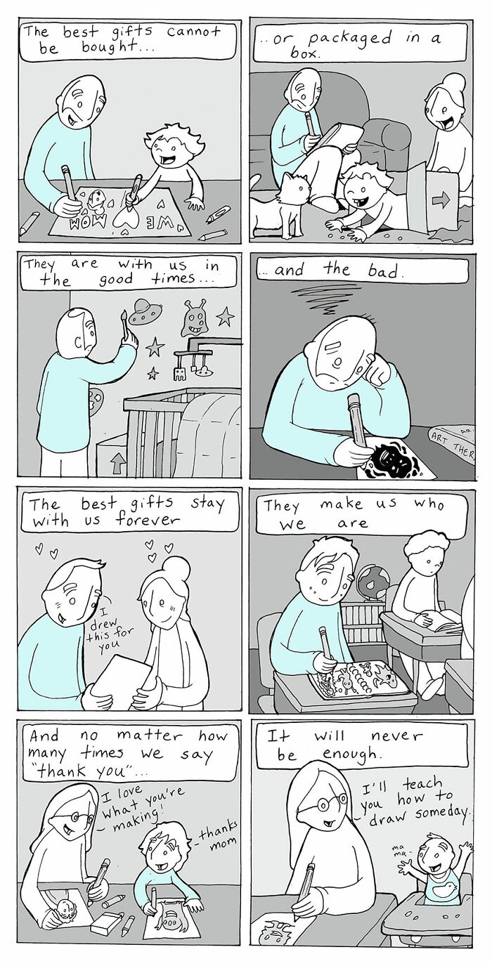 Lunarbaboon comic panels showing how kindness and heartfelt gifts impact family through good and bad times.