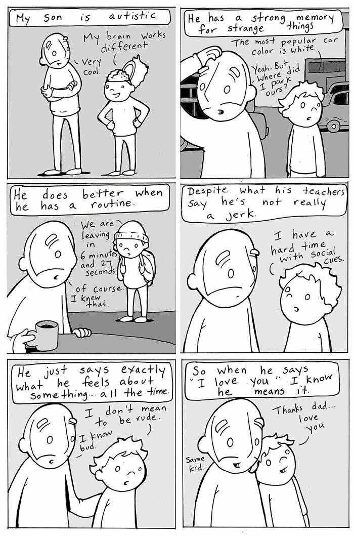Comic panels showing a father and autistic son sharing routines and kindness, highlighting Lunarbaboon comics on empathy and understanding.