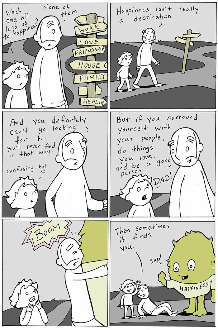 Lunarbaboon comic showing a father and child discussing kindness, happiness, and the impact of surrounding yourself with loved ones.