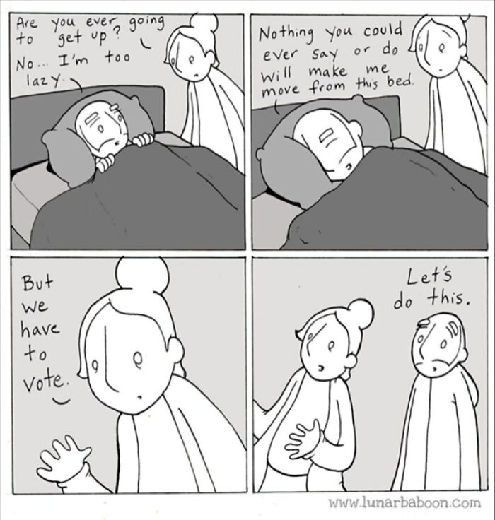 Lunarbaboon comic showing kindness encouraging someone too lazy to get out of bed to vote.